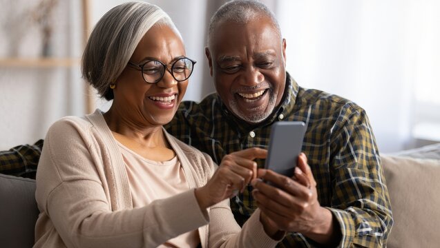 Happy senior couple using smartphone together at home enjoying online content video call