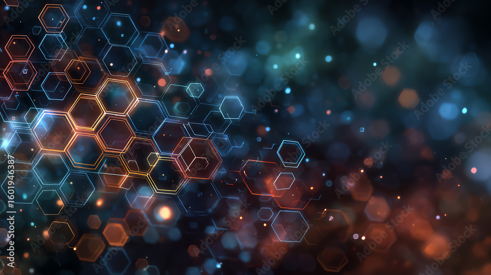 Poster abstract colorful background with hexagonal patterns and light effects, perfect for technology and m