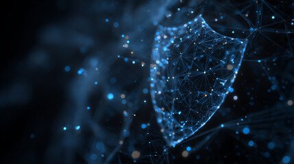 Abstract digital shield icon on a dark background, representing cybersecurity and digital protection in the online world.