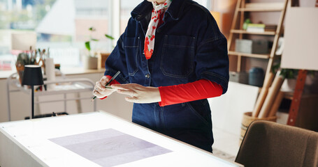Painter, cellphone and woman in studio, photography and creativity with social media. Person,...