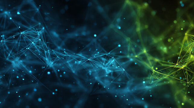 Abstract digital network with glowing connections and particles, representing data flow and technological advancement.