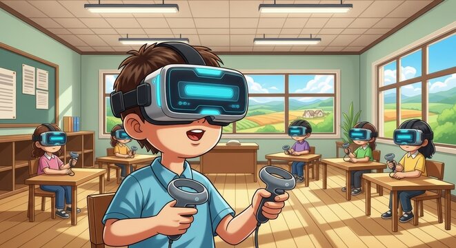 Children in Classroom Experience Virtual Reality with VR Headsets and Controllers