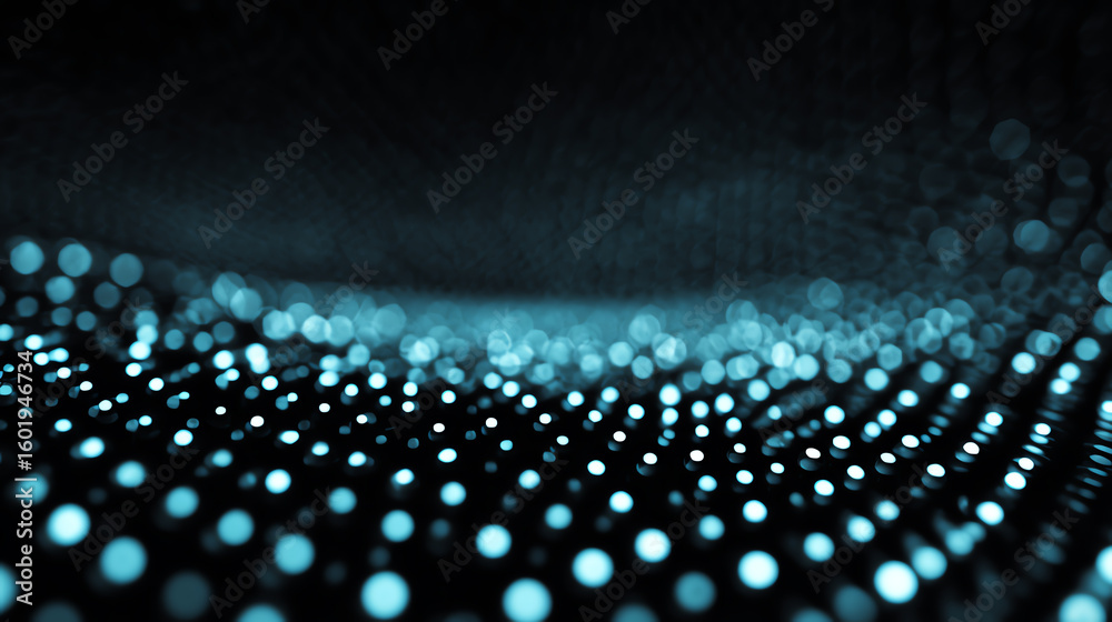 Poster abstract representation of digital particles creating a mesmerizing pattern in shades of blue, suita