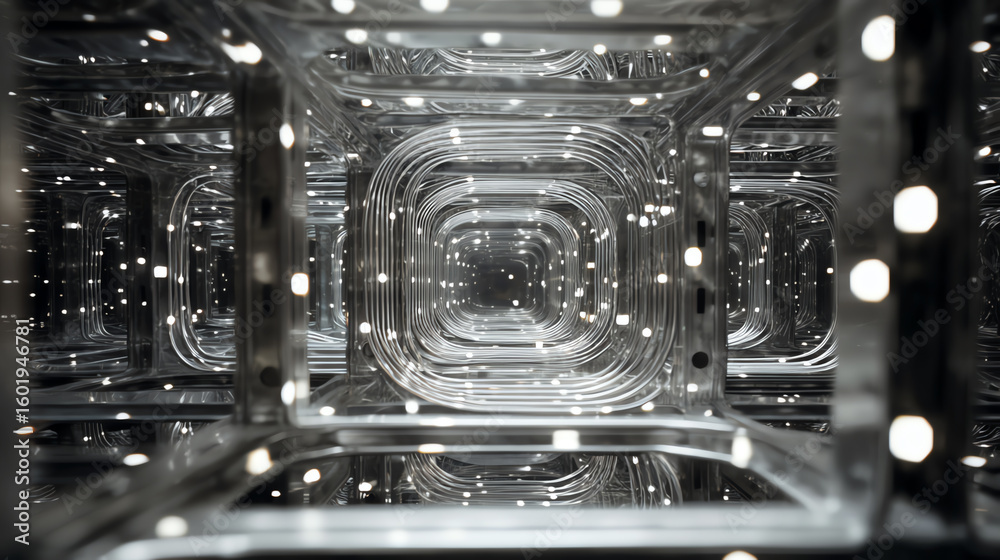 Poster abstract view of mirrored cubes creating an infinite space with glowing lights reflecting vivid patt