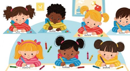 Diverse Preschoolers Drawing and Writing in Classroom