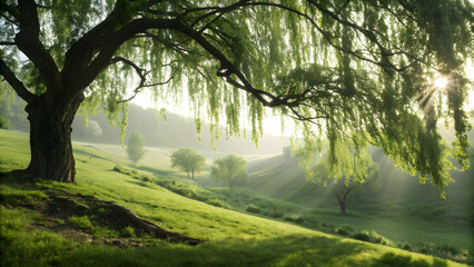 Obraz premium Serene Willow in a Verdant Valley: A majestic willow tree, its branches cascading gracefully, frames a sun-kissed valley, painting a portrait of nature's tranquility and verdant charm.
