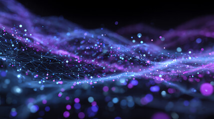 Abstract visual representation of data flow with colorful light waves and particles creating a dynamic digital atmosphere.