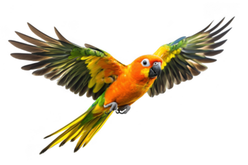 Vibrant sun conure parrot in mid flight with wings spread wide isolated on transparent background