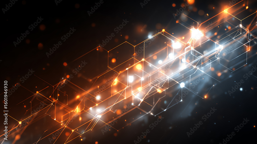 Poster an abstract digital design featuring glowing particles and hexagonal patterns on a dark background, 