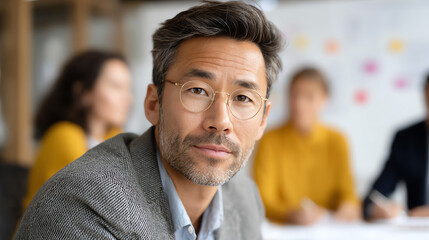 Confident businessman in a meeting, displaying a professional demeanor while collaborating with colleagues in a modern office setting.