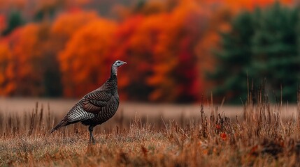 Wild Turkey in Autumn Field with Colorful Trees