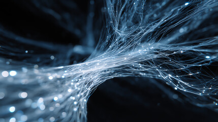 Futuristic abstract strands of glowing fibers intertwining with soft blue light against a dark background, representing advanced technology.