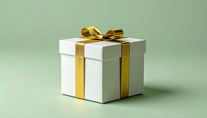 Obraz premium Elegant White Gift Box with Gold Ribbon on a Soft Green Background