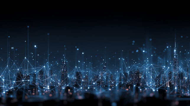 Futuristic city skyline with digital connections representing technology, innovation, and urban development.