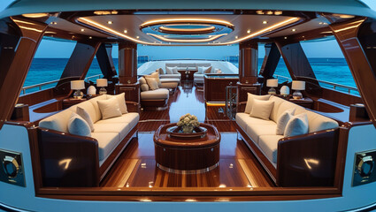 Luxury yacht interior design with sofas and ocean view for travel and vacation lifestyle and relaxation