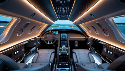 Private jet interior cockpit luxury travel airplane business aviation flight cockpit design modern travel