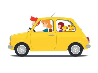Fototapeta premium Happy family riding in a bright yellow vintage car