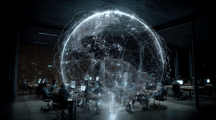 Futuristic office environment showcasing a digital globe, symbolizing global connectivity and technological advancement.