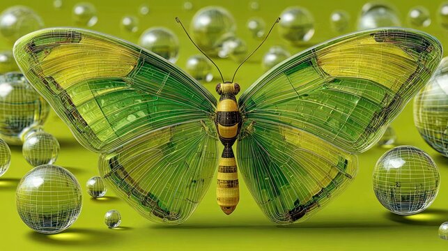 A detailed 3D rendering of a stylized butterfly with intricate wireframe wings and spherical elements