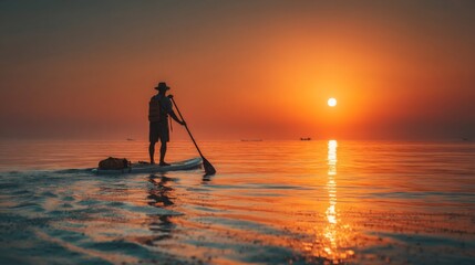 Silhouette of a Man Paddleboarding at Sunset