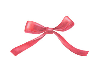 Red satin bow with long ribbons. Watercolor illustration of a holiday decor. Hand drawn vintage sketch on white isolated background. Water color painting art image