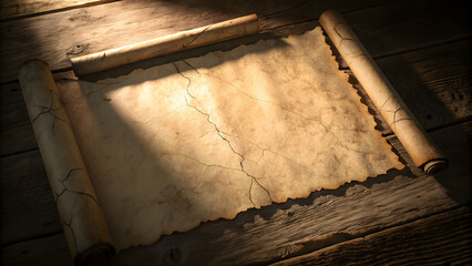 Ancient Parchment's Whispers: An aged, unfolded scroll lies on weathered wooden planks, with soft light casting shadows, revealing its textured surface and untold stories.