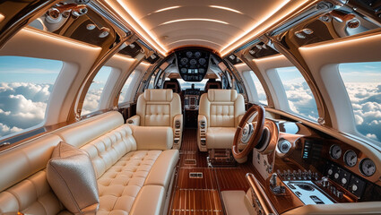 Private jet interior luxury travel aviation airplane design cabin business class flight sky view seating
