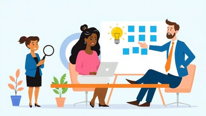Diverse team collaborating on a project with a whiteboard and laptop