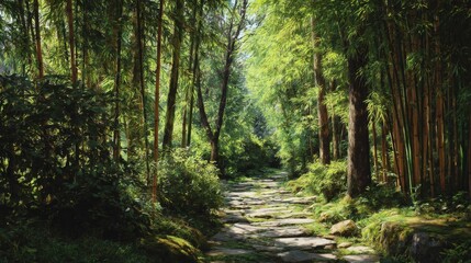 Obraz premium Sunlit Stone Path Through Lush Green Forest