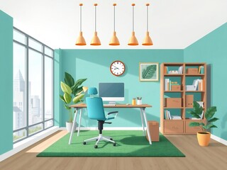 Modern home office with a desk computer chair and bookshelf