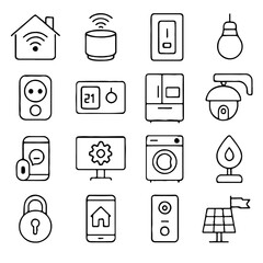 Smart home and modern technology icons showcased. The set includes diverse technology, each meticulously crafted in a minimalistic monochrome style.