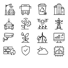 An illustrative collection of modern icons highlighting essential themes for smart city and technology. Including smart car, bus, recycling, building, security, agriculture, drone, power pole.