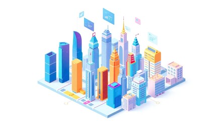 Futuristic cityscape with tall buildings and technology elements