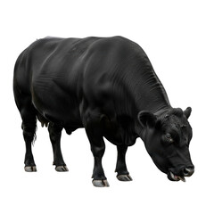 Fototapeta premium A powerful black angus cow with a sleek coat is captured in a profile view, head down as if grazing. Ideal for agriculture, livestock, or food industry themes.