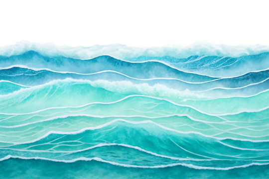 An abstract watercolor painting of ocean waves with varying shades of blue and white foam lines