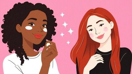 Two diverse young women applying makeup with a pink sparkling background