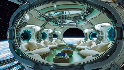 Space station lounge futuristic interior spaceship design earth view space travel luxury travel exploration