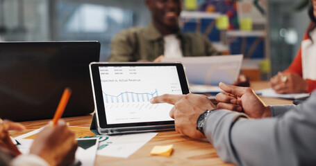 Tablet screen, meeting and chart with hands of business people for revenue growth, planning and...