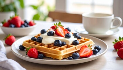 Delicious Golden Waffle Topped With Cream Berries And A Cup Of Coffee On The Side