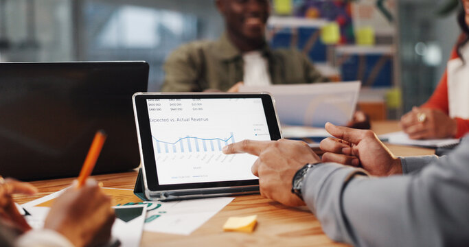 Tablet screen, meeting and chart with hands of business people for revenue growth, planning and teamwork. Graph report, sales profit and financial analysis with employees in office for stats