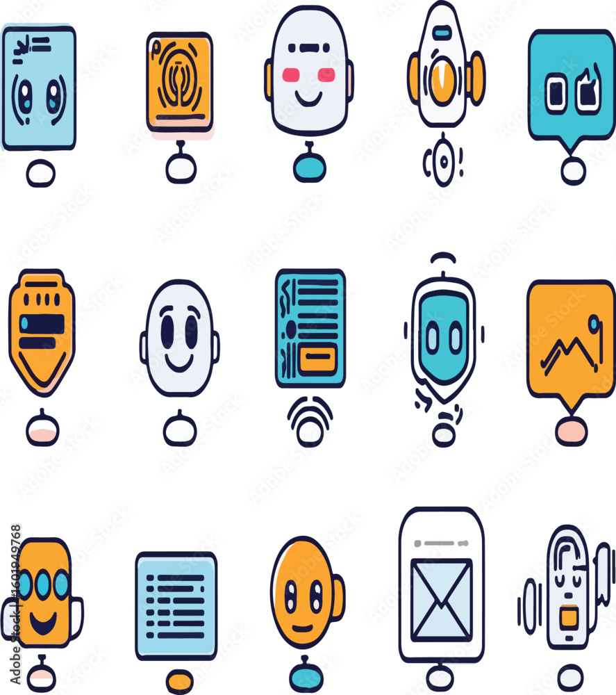 Wall mural collection of cartoon robot icons with various designs and expressions on a white background layout 