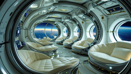 Futuristic spaceship interior space station lounge with earth view and comfortable seating design concept