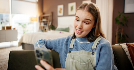 Cellphone, video call and woman on sofa in home with communication, contact or networking online....