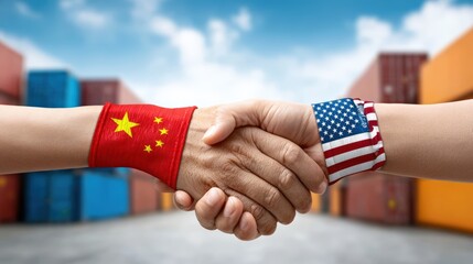 Hands Shaking with Flags of China and the United States in Background