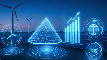 Renewable energy innovation with green tech hologram displays over wind turbines and solar panels at dusk showcasing futuristic sustainable power growth and environmental progress - Powered by Adobe