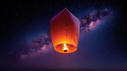 Floating Lantern Against Starry Sky with Milky Way Background