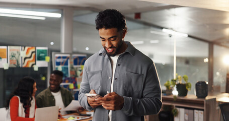Smile, phone and reading with business man in office for social media manager, communication and...