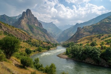 Picturesque river landscape near mountains in Dagestan Russia