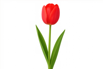 Vibrant red tulip with green leaves isolated on a transparent background, perfect for spring designs