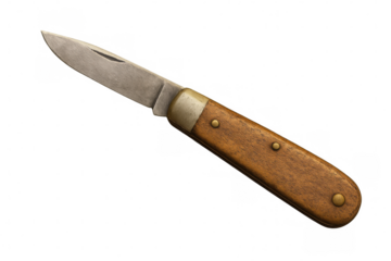 Classic pocket knife with wooden handle and slightly open, worn blade, isolated on transparent background, perfect for projects related to history, adventure, or diy